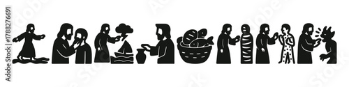 Black and white illustrated icons depicting biblical scenes and figures