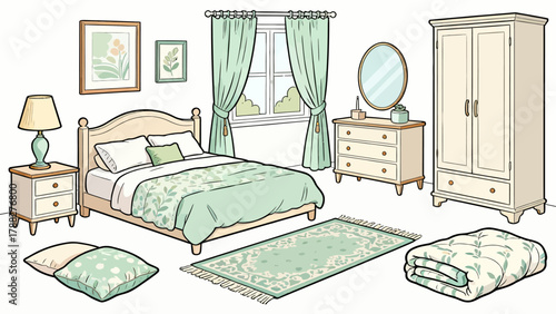 A collection of bedroom supplies, featuring cartoon hand-drawn vector illustrations, including beds, quilts, pillows, dressing tables, table lamps and bedside tables