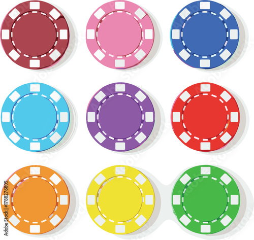 Cartoon poker chips illustration, colorful casino tokens, red, blue, green, yellow, orange, purple, game pieces, vector design, flat lay, playful style
