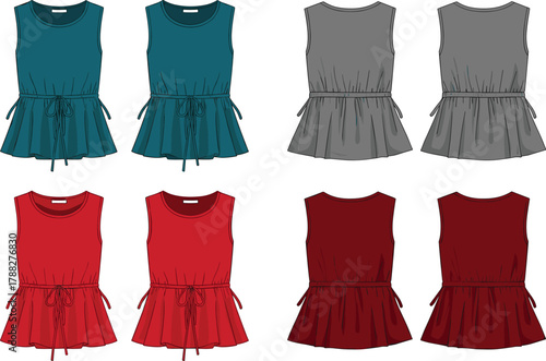 Cartoon peplum tops, sleeveless fashion, teal, gray, red, maroon colors, tie belt detail, round neckline, vector design, stylish clothing, flat lay, apparel set