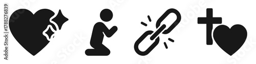 Minimalistic icons: sparkling heart, praying figure, broken chain, cross with heart