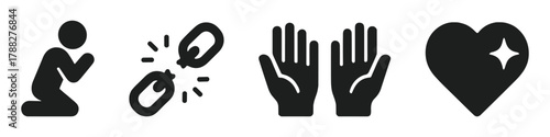 Set of icons: prayer, broken chains, open hands, sparkling heart