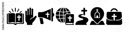 Christian icons: bible, hand, megaphone, globe, path, church, bag