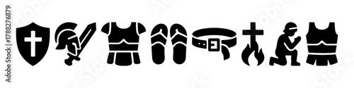 Silhouette symbols of armor including shield, sword, breastplates, sandals, belt, cross, and kneeling figure