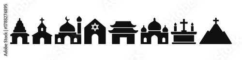 Silhouettes of various religious buildings and symbols