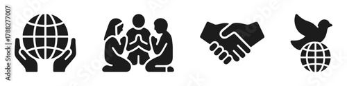 Global unity symbols: hands holding globe, diverse group, handshake, peace dove