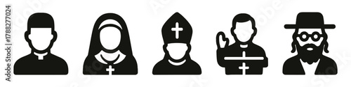 Silhouettes of religious figures: priest, nun, bishop, pastor, rabbi