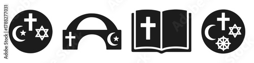 Religious symbols: cross, star of david, crescent, holy book icons