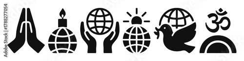 Symbolic icons of global unity and spirituality with hands, dove, candle, and om