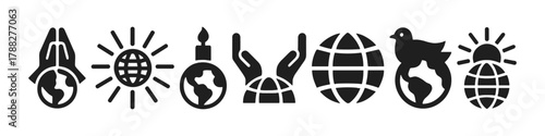 Black world peace icons with hands, globe, bird, candle, sun symbols