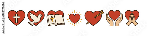 Heart symbols illustrating faith and devotion with cross, dove, book, arrow, and hands