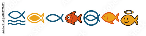 Colorful fish icons featuring christian ichthys and smiling cartoon fish