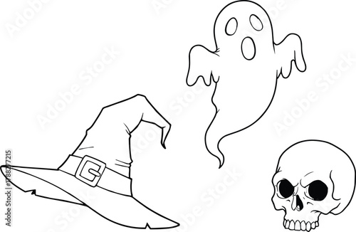 Halloween icons, witch hat, ghost, human skull, spooky vector line art, black and white, festive illustration, scary elements