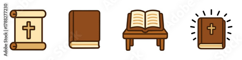 Religious icons: scroll, closed book, open book on stand, radiant book