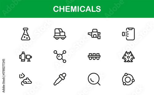 Chemical Line Icon Set. Streamlined, professional icons for lab experiments, chemical safety, and molecular research applications.
