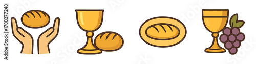 Communion symbols: bread, chalice, and grapes illustrations for religious ceremonies