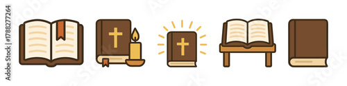 Bible icon set with book, candle, and reading table symbols