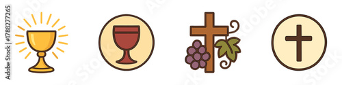 Colorful religious symbols: chalice and cross icons with grapes and vine