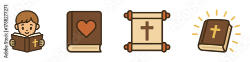 Religious icons featuring books, scroll, and cross with male reader