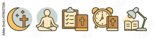 Symbols of faith, meditation, organization, time management, and study