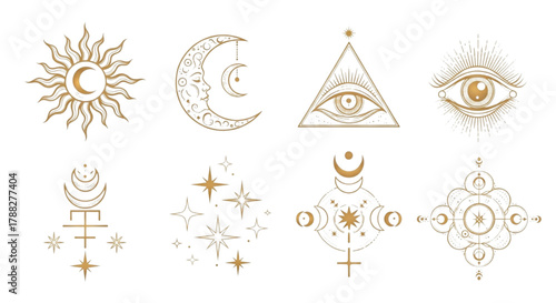 Vector Celestial Alchemy Gold Line Art Symbols Set: Sun, Moon, Eye, Stars for Spiritual Design.