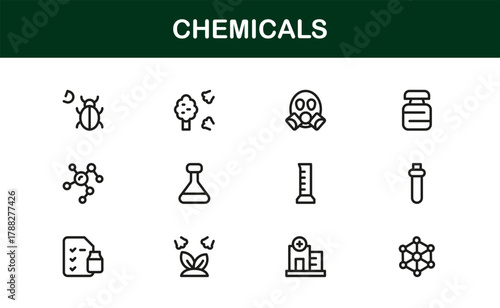 Chemicals Flat Icon Set. Sleek and Creative icons for laboratory, chemical experiments, and reactions
