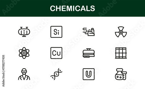 Chemicals Modern Icon Set. Clean and Minimal icons for lab work, chemical reactions, and study
