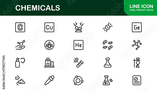 Chemicals Stroke Icon Set. Bold and Creative icons for laboratory experiments, reactions, and tools
