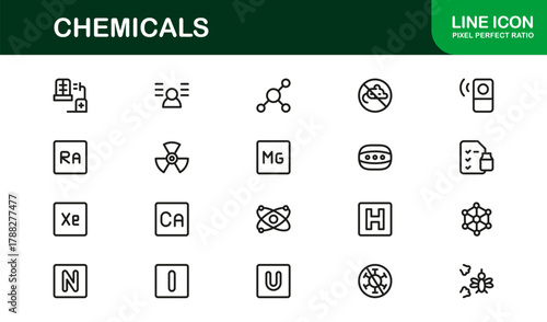 Chemicals Minimal Icon Set. Clean and Sleek icons for chemical processes, experiments, and lab work
