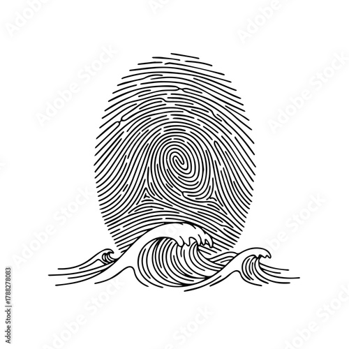 Abstract line art illustration merging the unique identity of a human fingerprint with the powerful natural forces of ocean waves, symbolizing individuality and fluid motion