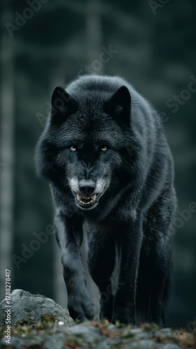 Black wolf stands on rocky terrain in forest, showcasing fierce expression and captivating features