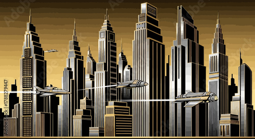 Futuristic cityscape with flying vehicles