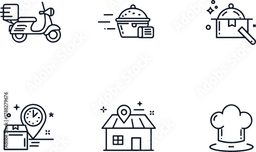 Food delivery icons, scooter, steaming pot, gourmet dish, location pin, chef hat, home service, fast cooking, vector line art