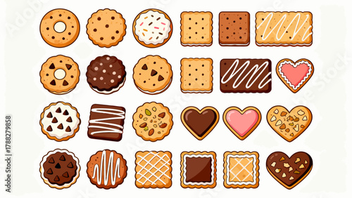 A collection of various cookies, with cartoon hand-drawn vector illustrations, including cream cookies, chocolate cookies, baked cookies, cookies, butter cookies, and sandwich cookies