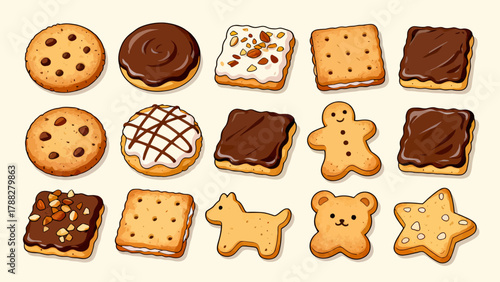 A collection of various cookies, with cartoon hand-drawn vector illustrations, including cream cookies, chocolate cookies, baked cookies, cookies, butter cookies, and sandwich cookies