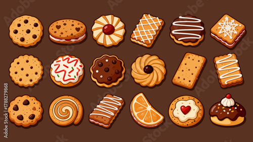 A collection of various cookies, with cartoon hand-drawn vector illustrations, including cream cookies, chocolate cookies, baked cookies, cookies, butter cookies, and sandwich cookies