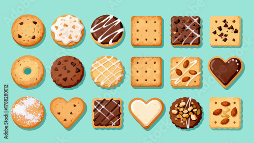 A collection of various cookies, with cartoon hand-drawn vector illustrations, including cream cookies, chocolate cookies, baked cookies, cookies, butter cookies, and sandwich cookies