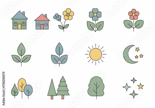 Adorable vector icon set of plants, homes, trees, and celestial symbols representing harmony and natural lifestyle.