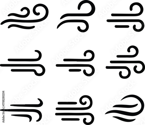 Stylized Air Flow and Breeze Icons Minimalist Vector Design in Monochrome