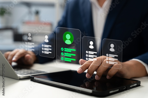 Human resource management technology (HR), Human resource manager touching human resource network structure and checks the CV online to choose the perfect employee for company, Effective recruitment.