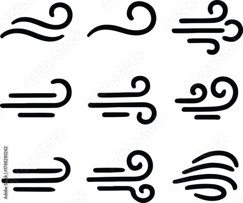 Stylized Air Flow and Breeze Icons Minimalist Vector Design in Monochrome