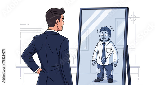 Man facing mirror reflecting younger, worried self