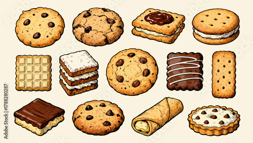 A collection of various cookies, with cartoon hand-drawn vector illustrations, including cream cookies, chocolate cookies, baked cookies, cookies, butter cookies, and sandwich cookies