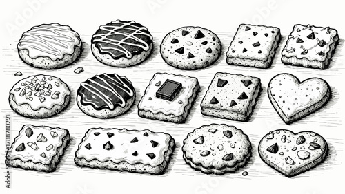 A collection of various cookies, with cartoon hand-drawn vector illustrations, including cream cookies, chocolate cookies, baked cookies, cookies, butter cookies, and sandwich cookies