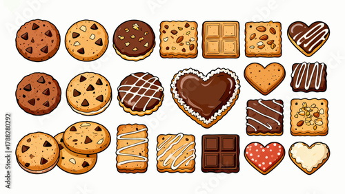 A collection of various cookies, with cartoon hand-drawn vector illustrations, including cream cookies, chocolate cookies, baked cookies, cookies, butter cookies, and sandwich cookies
