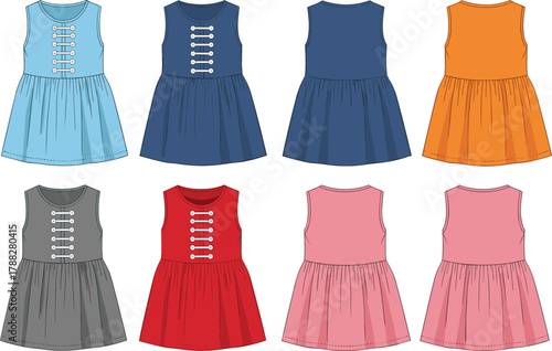 Cartoon sleeveless dresses, colorful fashion set, fitted bodice, flared skirt, decorative buttons, blue, orange, red, pink, gray outfits, vector design, flat lay