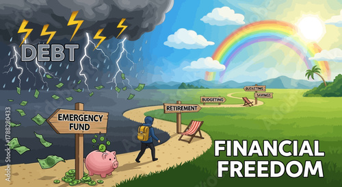 Financial freedom path with debt storm and budgeting signs