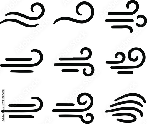 Stylized Air Flow and Breeze Icons Minimalist Vector Design in Monochrome