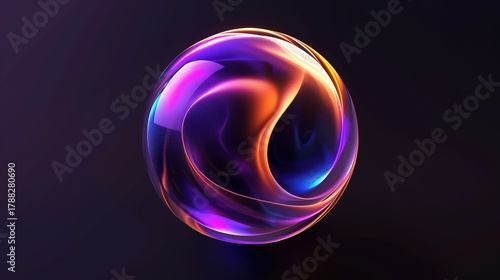 Abstract glowing sphere with swirling fluid energy. Futuristic 3d orb in vibrant purple, orange, and blue light. Modern digital art background