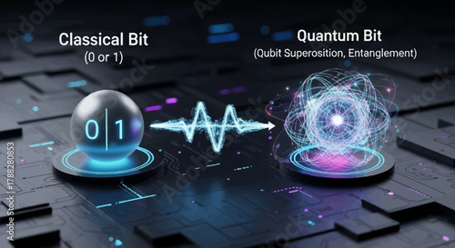 Quantum computing concept comparing bits and qubits